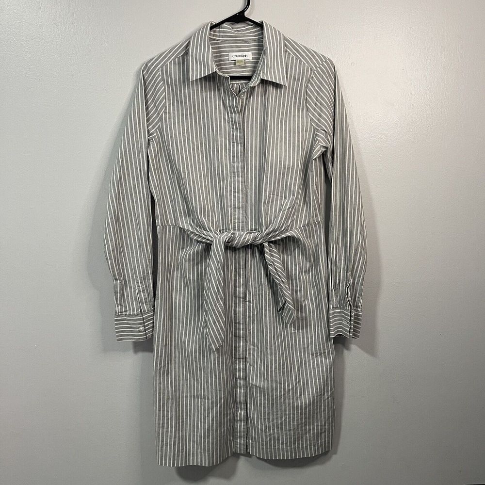 Calvin Klein Women’s striped Grey/White Tie Waist Collared Shirt Dress Size 6
